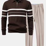 Stripe Zip Knit Ribbed Polo Shirt & Slim Fit Tapered Trousers Set