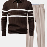 Stripe Zip Knit Ribbed Polo Shirt & Slim Fit Tapered Trousers Set