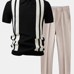 Stripe Johnny Collar Knit Polo & Slim Fit Tapered Trousers Set