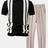 Stripe Johnny Collar Knit Polo & Slim Fit Tapered Trousers Set