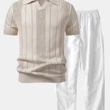 Johnny Collar Striped Open Knit Polo & Straight Leg Linen Pants Set