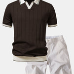 Contrast Trim Ribbed Johnny Collar Knit Polo & Chino Shorts Set