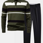 Long Sleeve Stripe Knit Polo Shirt & Slim Fit Tapered Trousers Set