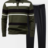 Long Sleeve Stripe Knit Polo Shirt & Slim Fit Tapered Trousers Set