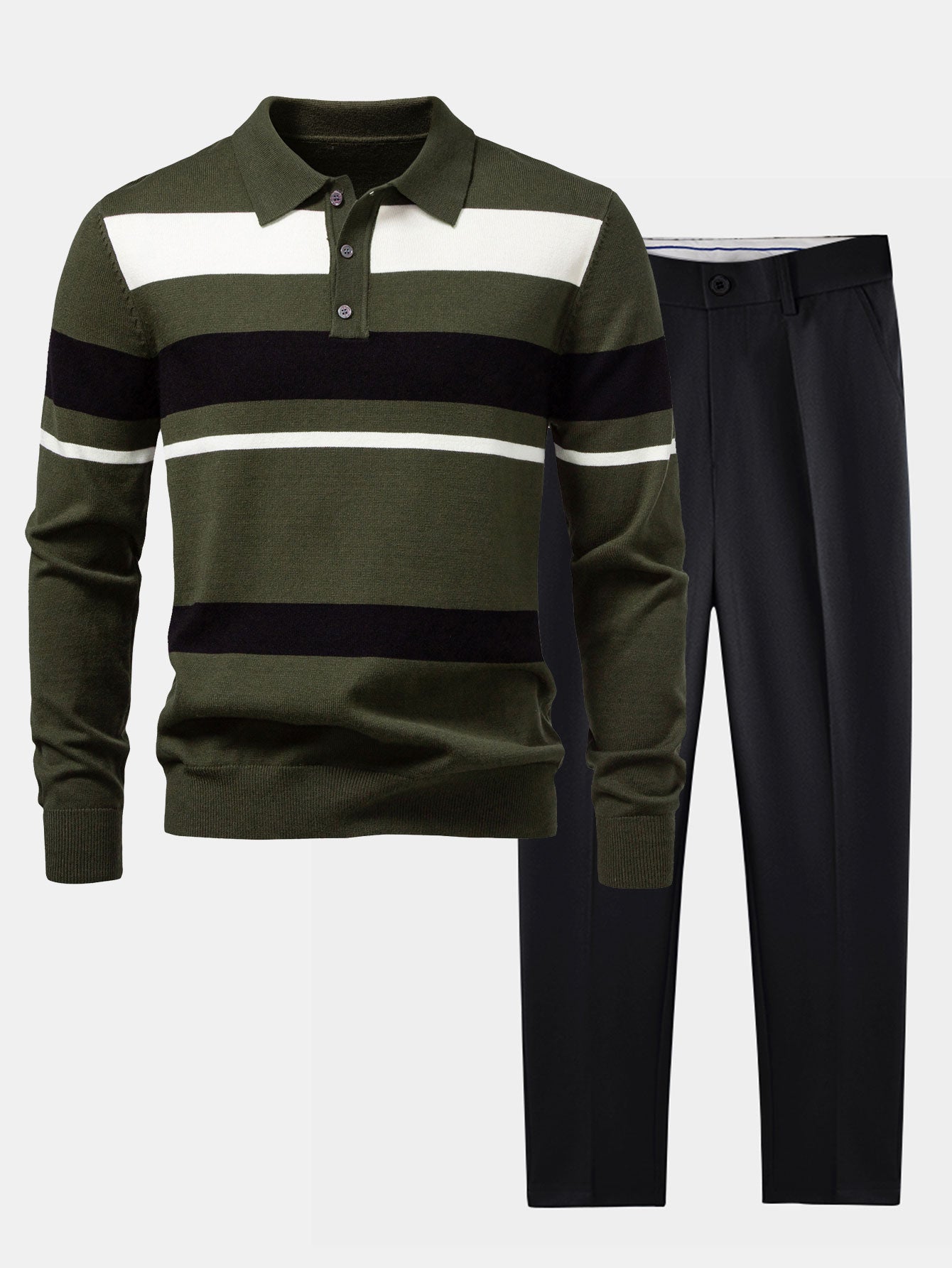 Long Sleeve Stripe Knit Polo Shirt & Slim Fit Tapered Trousers Set