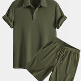 Short Sleeved Waffle Polo & Drawstring Knitted Waffle Shorts Set