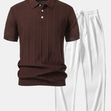 Stripe Jacquard Knit Polo Shirt & Straight Leg Ribbed Pants Set