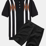Stripe Geometric Jacquard Knitted Polo Shirt & Cotton Chino Shorts Set