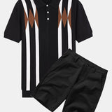 Stripe Geometric Jacquard Knitted Polo Shirt & Cotton Chino Shorts Set