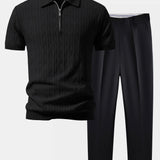 Twisted Jacquard Zipper Knit Polo & Slim Fit Tapered Trousers Set