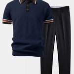 Contrast Stripe Trim Waffle Knit Polo & Slim Fit Tapered Trousers Set