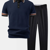 Contrast Stripe Trim Waffle Knit Polo & Slim Fit Tapered Trousers Set