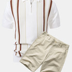 Stripe Knit Zip Up Polo Shirt & Cotton Chino Shorts Set