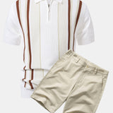 Stripe Knit Zip Up Polo Shirt & Cotton Chino Shorts Set