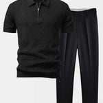 Rhombus Textured Zip Up Knitted Polo Shirt & Tapered Trousers Set