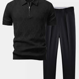 Rhombus Textured Zip Up Knitted Polo Shirt & Tapered Trousers Set
