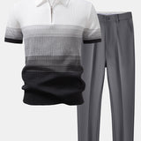 Striped Gradient Knitted Polo Shirt & Slim Fit Tapered Trousers Set