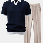 Contrast Textured Johnny Collar Knit Polo & Tapered Trousers Set