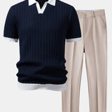 Contrast Textured Johnny Collar Knit Polo & Tapered Trousers Set