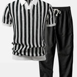 Stripe Johnny Collar Open Knit Polo & Straight Leg Linen Pants Set