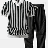 Stripe Johnny Collar Open Knit Polo & Straight Leg Linen Pants Set