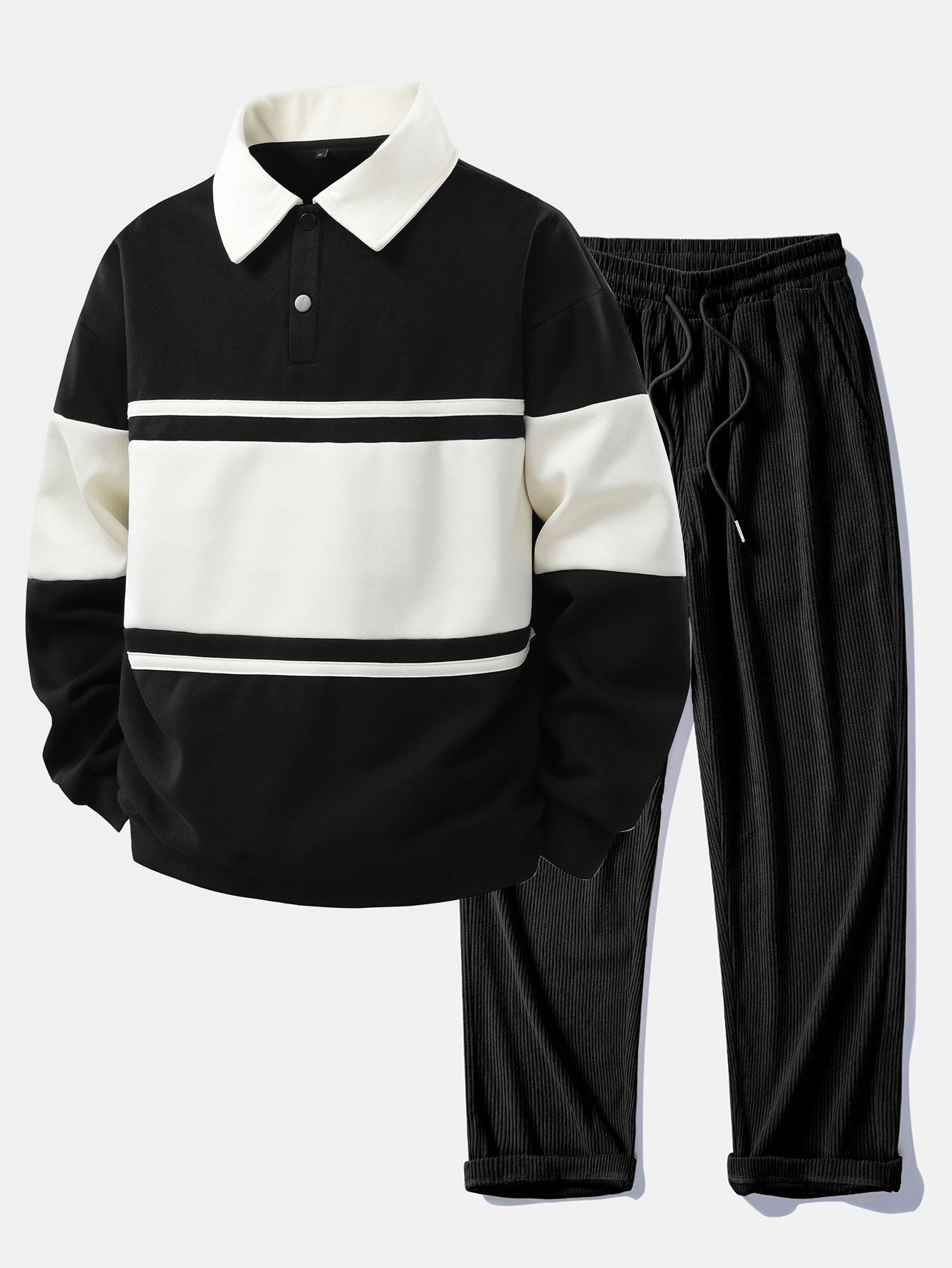 Relax Fit Color Block Patchwork Polo Sweatshirt & Corduroy Pants Set