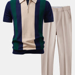 Textured Color Block Knit Polo & Slim Fit Tapered Trousers Set