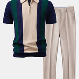 Textured Color Block Knit Polo & Slim Fit Tapered Trousers Set