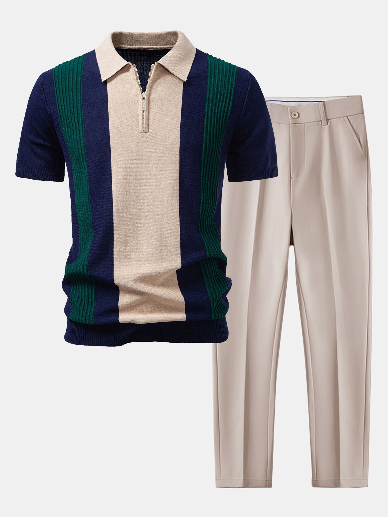 Textured Color Block Knit Polo & Slim Fit Tapered Trousers Set