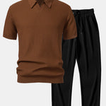 Wave Jacquard Knit V Neck Polo Shirt & Straight Leg Ribbed Pants Set