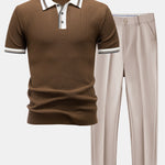 Contrast Trim Knit Polo Shirt & Slim Fit Tapered Trousers Set