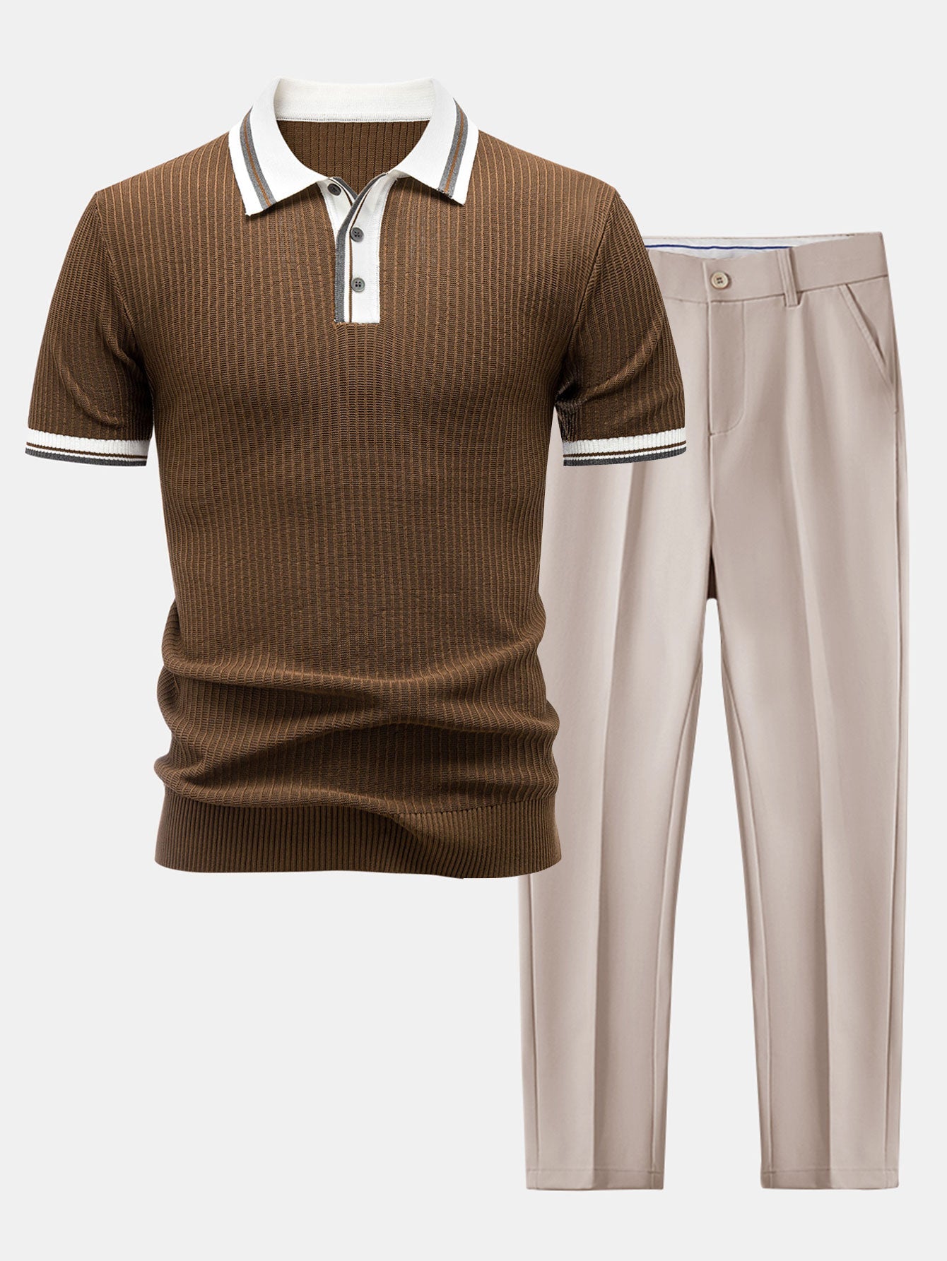 Contrast Trim Knit Polo Shirt & Slim Fit Tapered Trousers Set