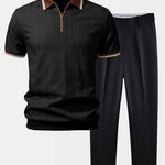 Contrast Trim Textured Zipper Knit Polo & Tapered Trousers Set