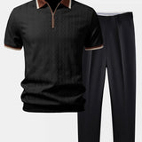 Contrast Trim Textured Zipper Knit Polo & Tapered Trousers Set