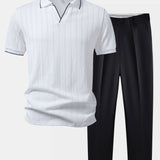 Geometric Jacquard Johnny Collar Polo & Slim Fit Tapered Trousers Set