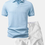 Geometric Jacquard Johnny Collar Polo & Elastic Waist Chino Shorts Set