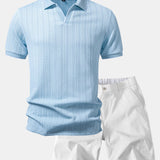 Geometric Jacquard Johnny Collar Polo & Elastic Waist Chino Shorts Set