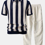 Striped Eyelet Knit Zip Up Polo Shirt & Straight Leg Linen Pants Set
