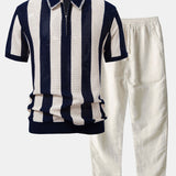 Striped Eyelet Knit Zip Up Polo Shirt & Straight Leg Linen Pants Set