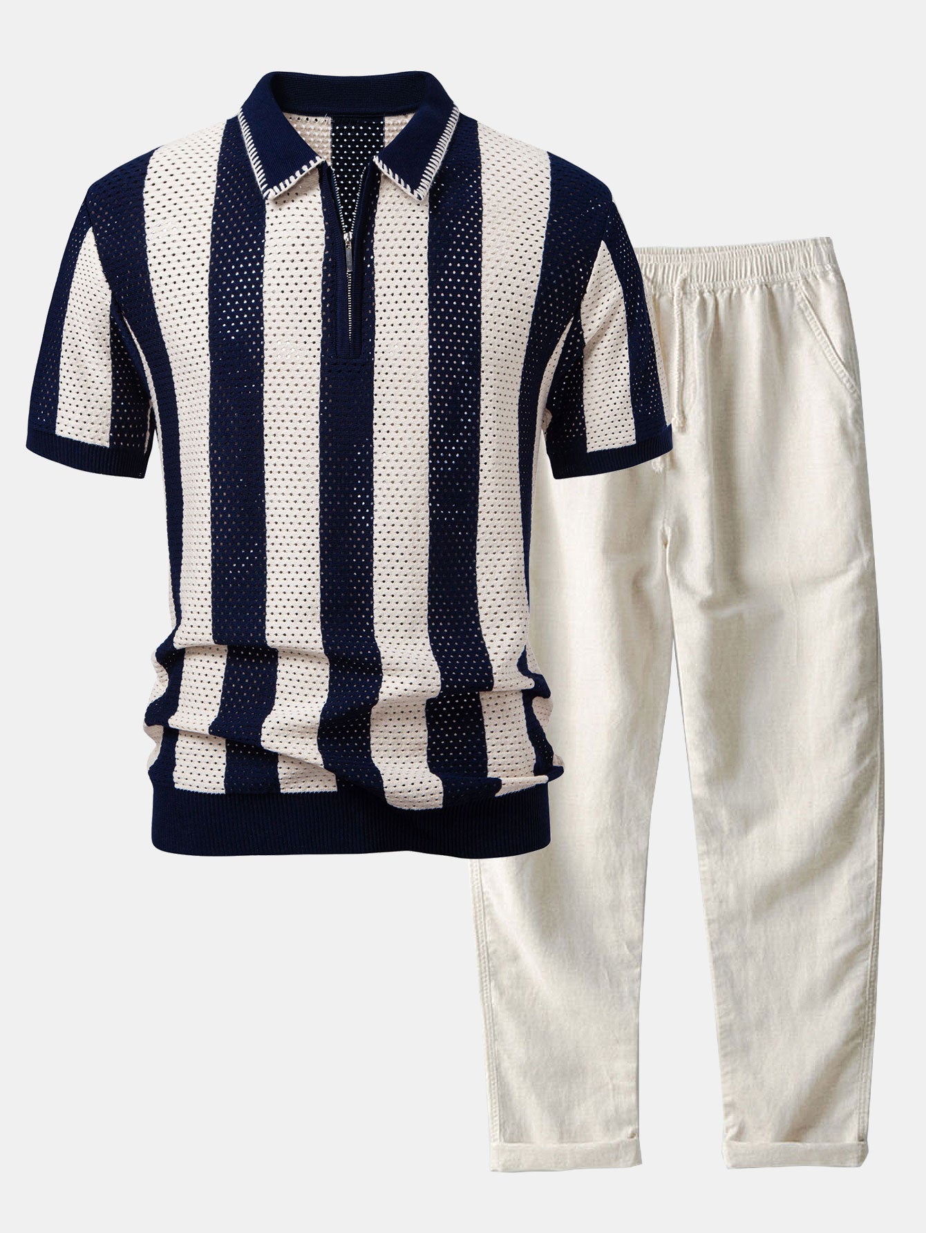 Striped Eyelet Knit Zip Up Polo Shirt & Straight Leg Linen Pants Set