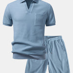 Waffle Johnny Collar Polo with Pocket & Drawstring Knitted Waffle Shorts Set