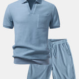 Waffle Johnny Collar Polo with Pocket & Drawstring Knitted Waffle Shorts Set
