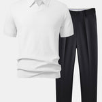 Wave Jacquard Knit V Neck Polo Shirt & Slim Fit Tapered Trousers Set