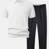 Wave Jacquard Knit V Neck Polo Shirt & Slim Fit Tapered Trousers Set