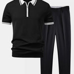 Contrast Trim Zipper Knit Polo & Slim Fit Tapered Trousers Set