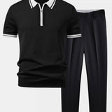 Contrast Trim Zipper Knit Polo & Slim Fit Tapered Trousers Set