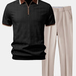 Contrast Trim Textured Zipper Knit Polo & Tapered Trousers Set