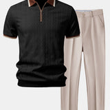 Contrast Trim Textured Zipper Knit Polo & Tapered Trousers Set