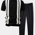 Stripe Johnny Collar Knit Polo & Slim Fit Tapered Trousers Set