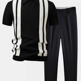 Stripe Johnny Collar Knit Polo & Slim Fit Tapered Trousers Set